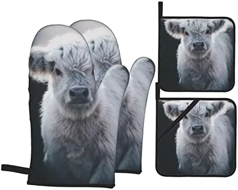 gray highland cow oven mitts